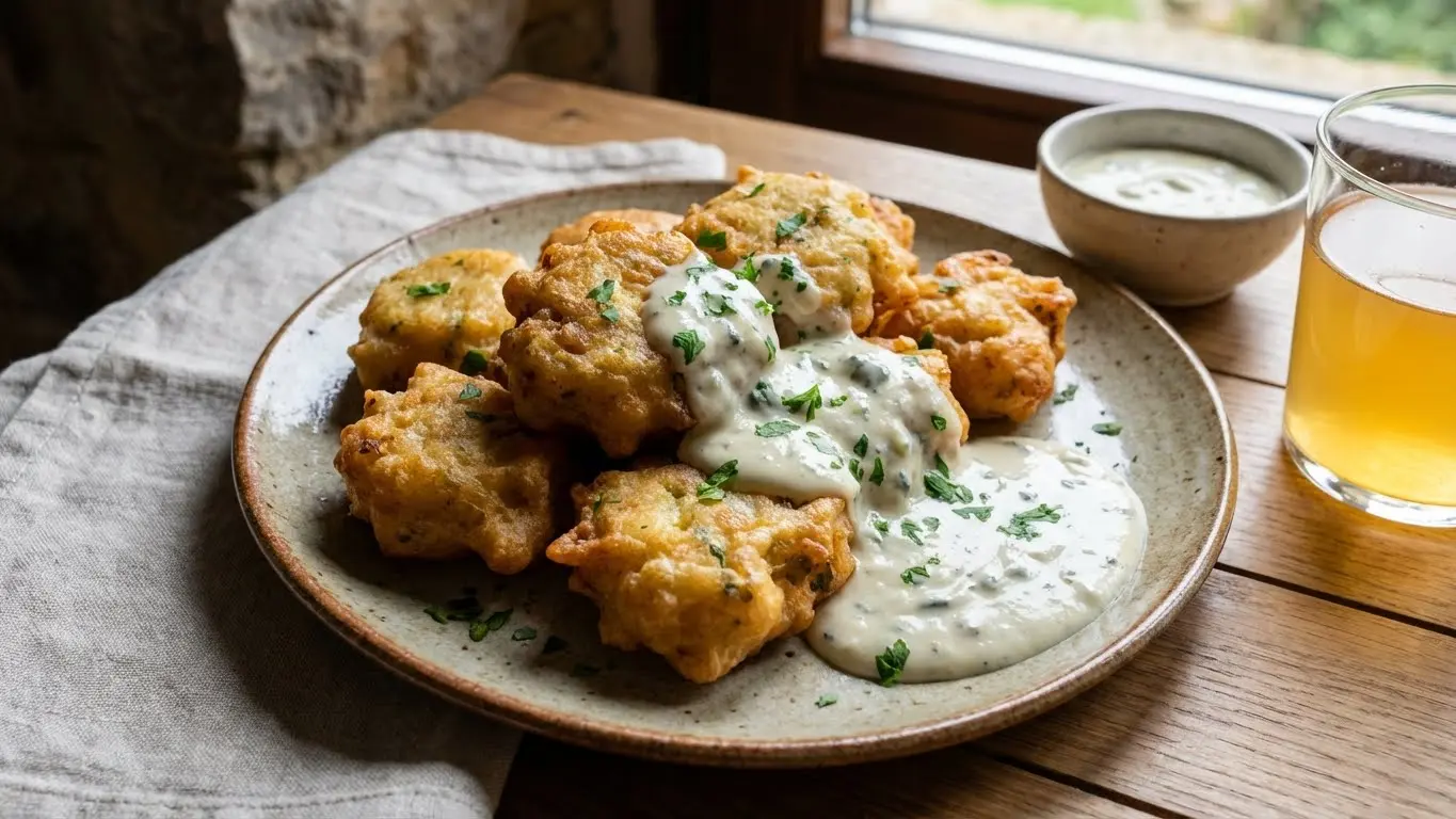 Buñuelos de bacalao con salsa de pimientos del piquillo y miel