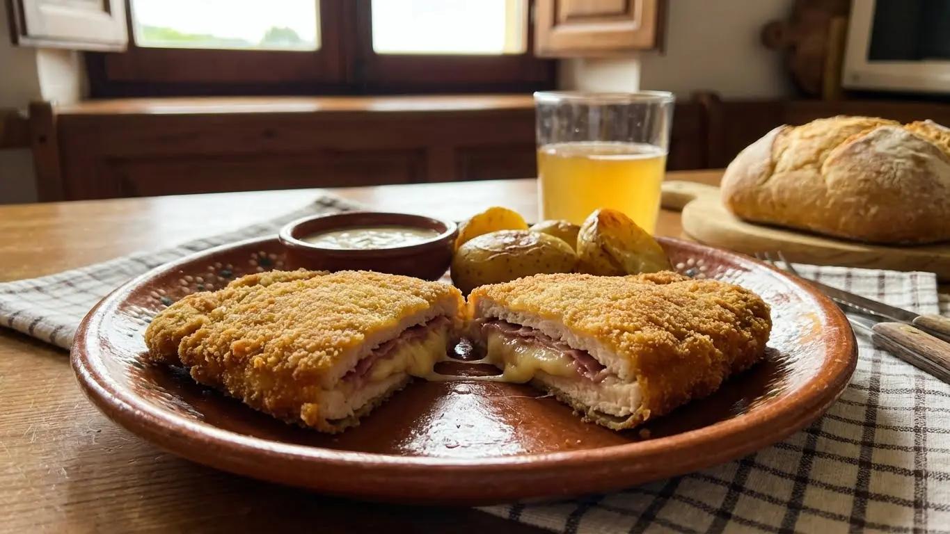 Cachopo de merluza a la sidra con gambas y azafrán